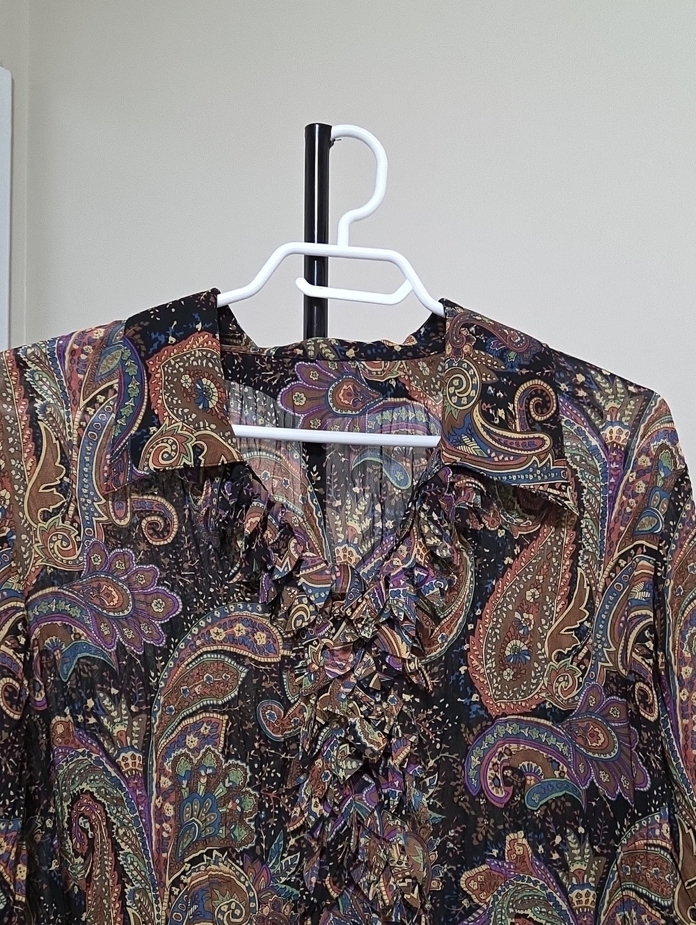 Womens Paisley Ruffle Button-Front Top - Brown Multi - Picture 2 of 6
